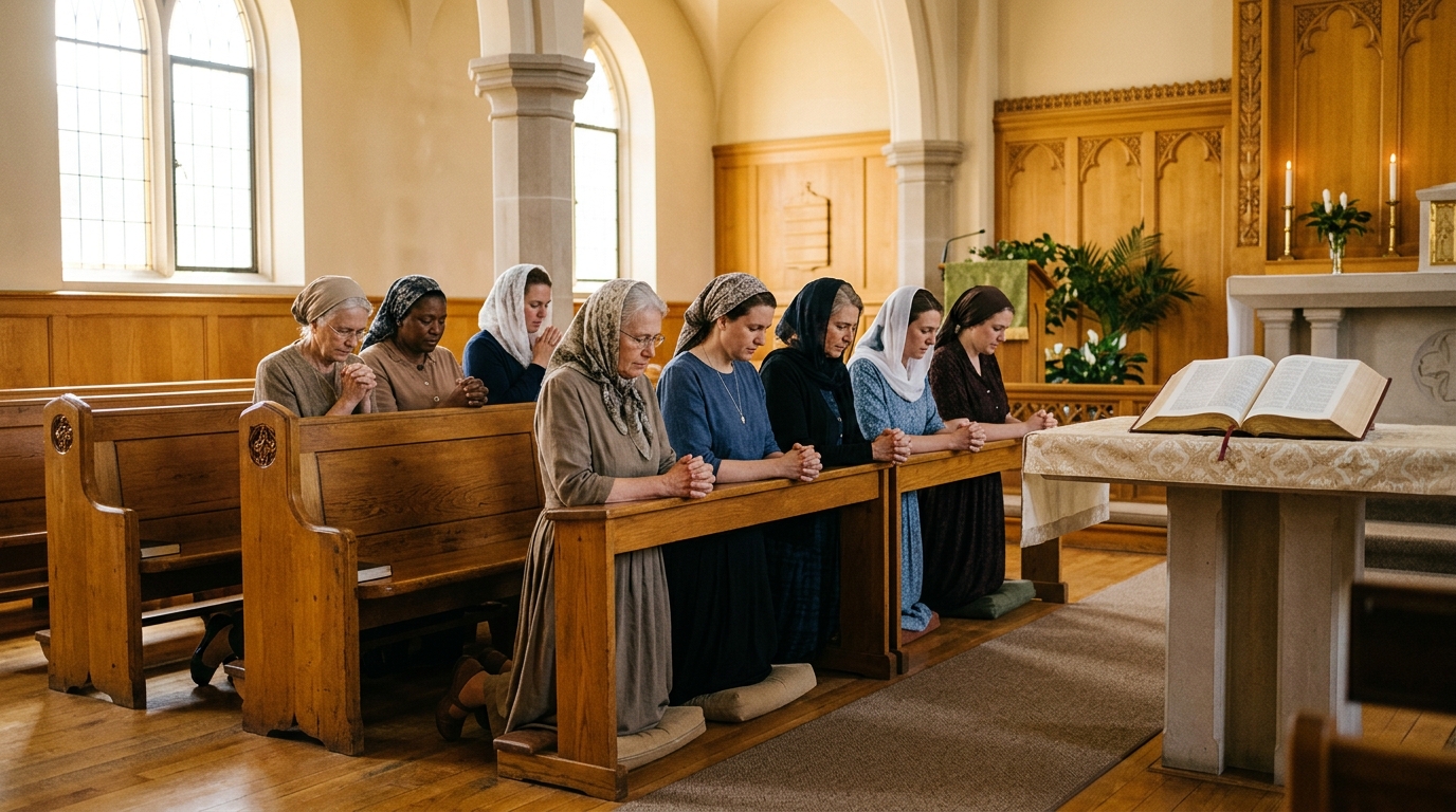 Irmãs do Círculo de Oração em intercessão de joelhos no altar