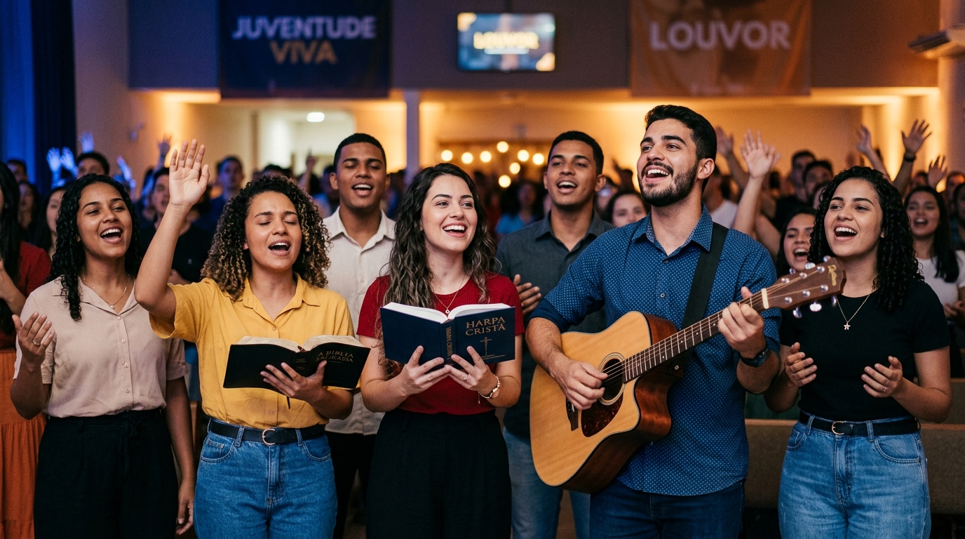 Juventude pentecostal cantando louvores da Harpa Cristã com violão