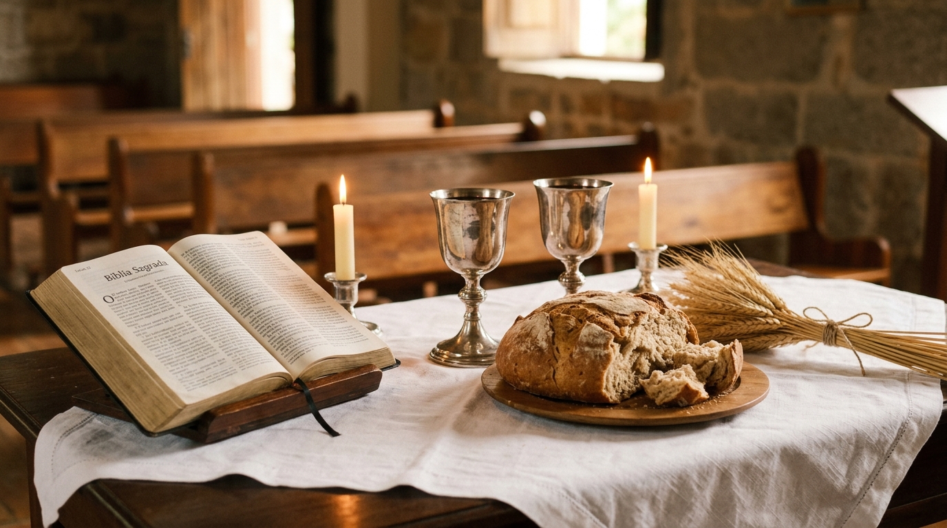 Mesa solene da Santa Ceia do Senhor com cálice e pão